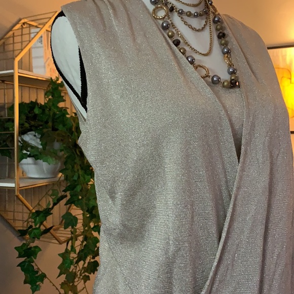 💛 WBHM | Gold Sparkly Taupe Faux Wrap Top - Picture 3 of 8